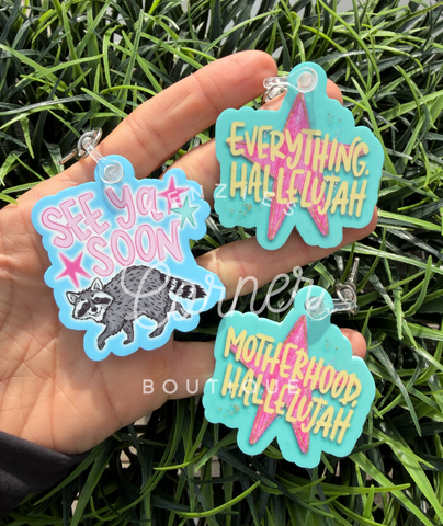 Blank Acrylic keychain shapes- hallelujah, Racoon, and gator
