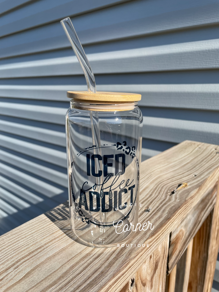 Ice coffee addiction 16 oz glass cup